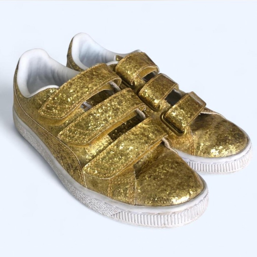 Puma Basket Strap Gold Glitter Hook & Loop Velcro Sneakers Women’s Size 7